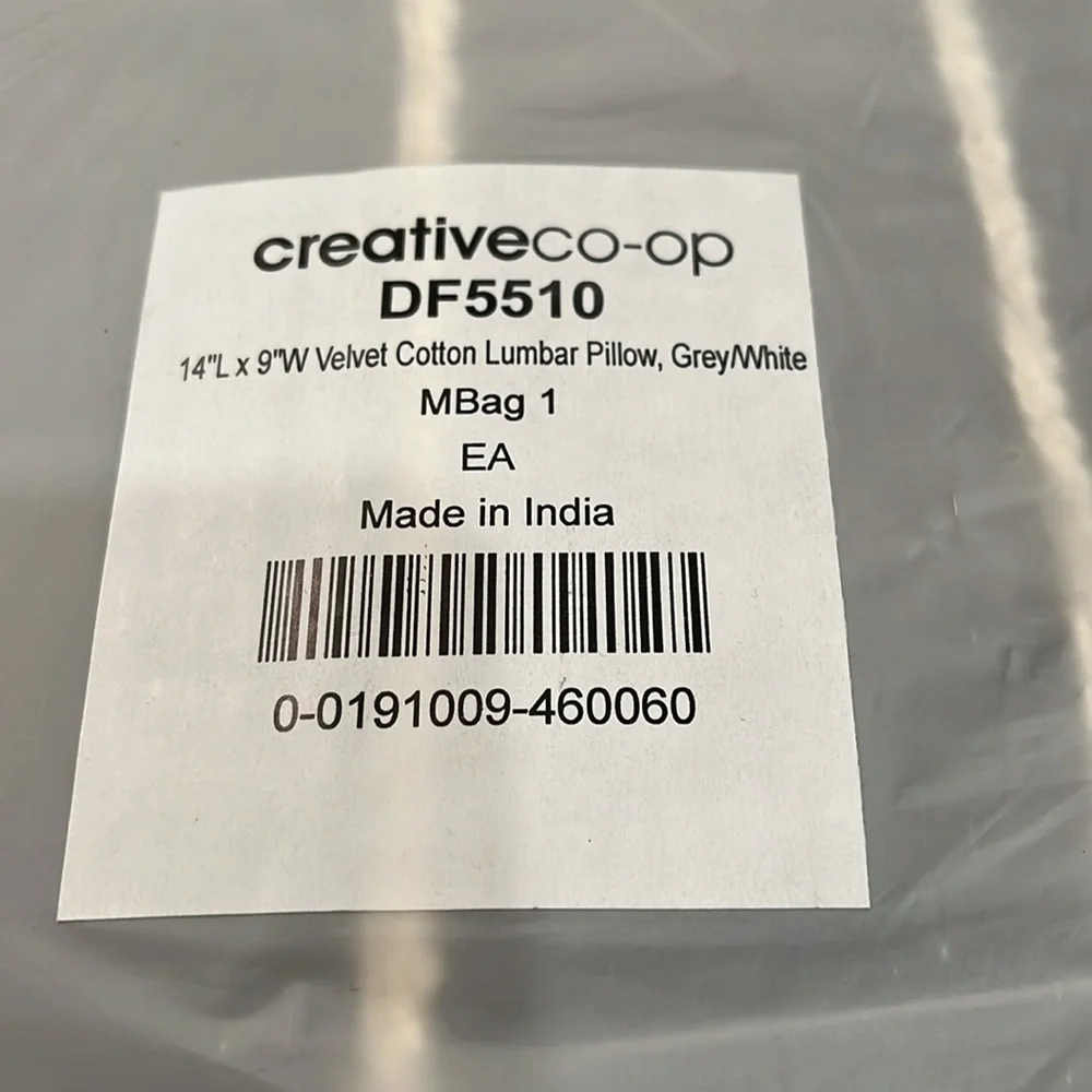 Creative Co-Op Grey/White Velvet Lumbar Pillow with Appliqué Stripes/NIP